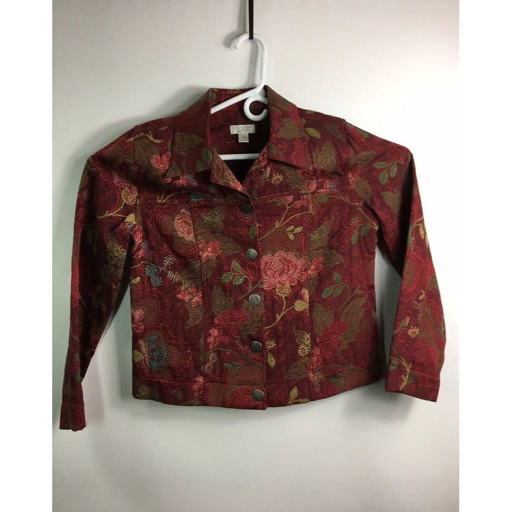 Christopher Banks Womens Blazer Size M burgundy floral cotton blend Jacket